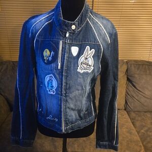 Looney Tunes Bugs Bunny Y2K Vontage Blue Denim Zipup Jacket with Patches